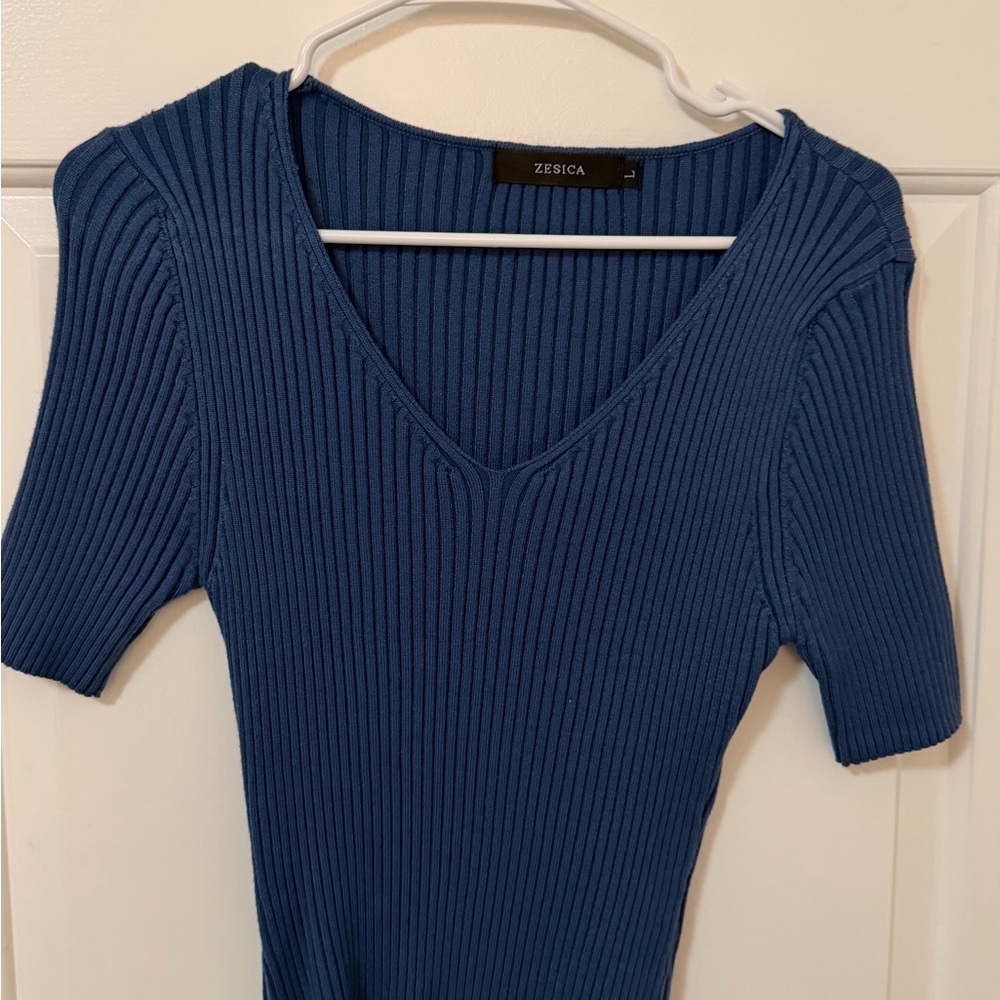Blue Ribbed Women's Top